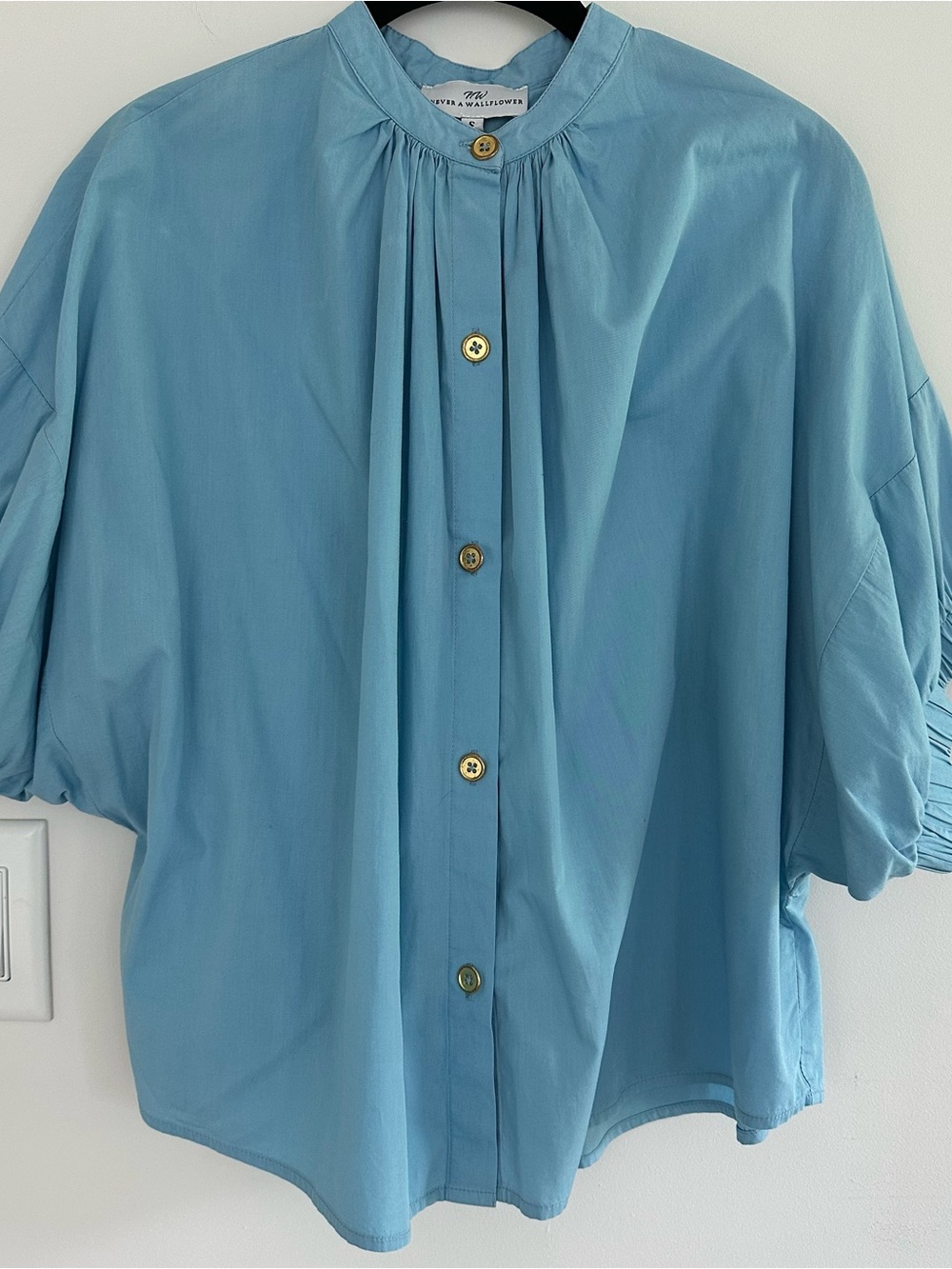 Relaxed Carolina Blue Button-Front Blouse with Gathered Yoke